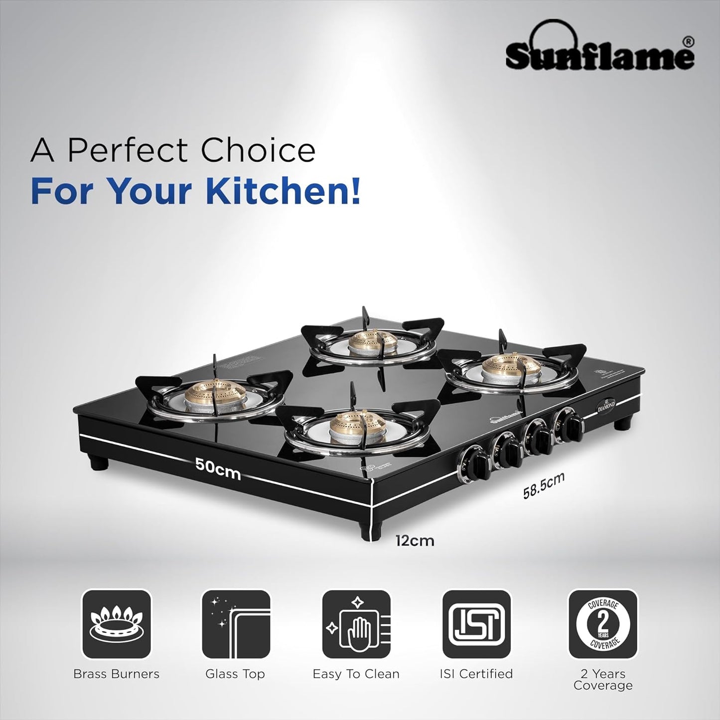 Diamond 4 Burner Gas Stove | 2 Medium and 2 Small Brass Burners |Toughened Glass Top | Black