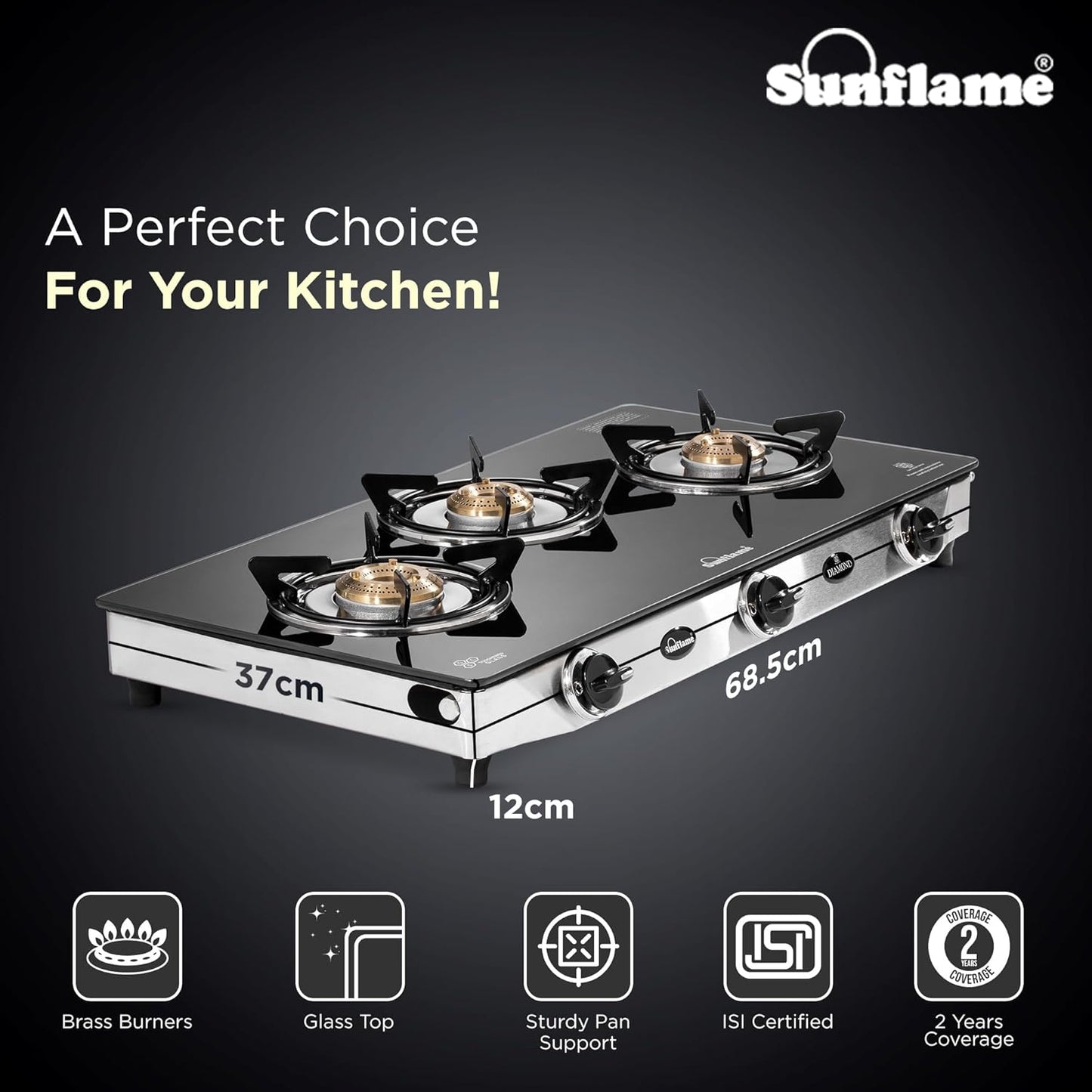 Diamond 3 Burner Gas Stove | 1 Medium and 2 Small Brass Burners |Toughened Glass Top |Steel