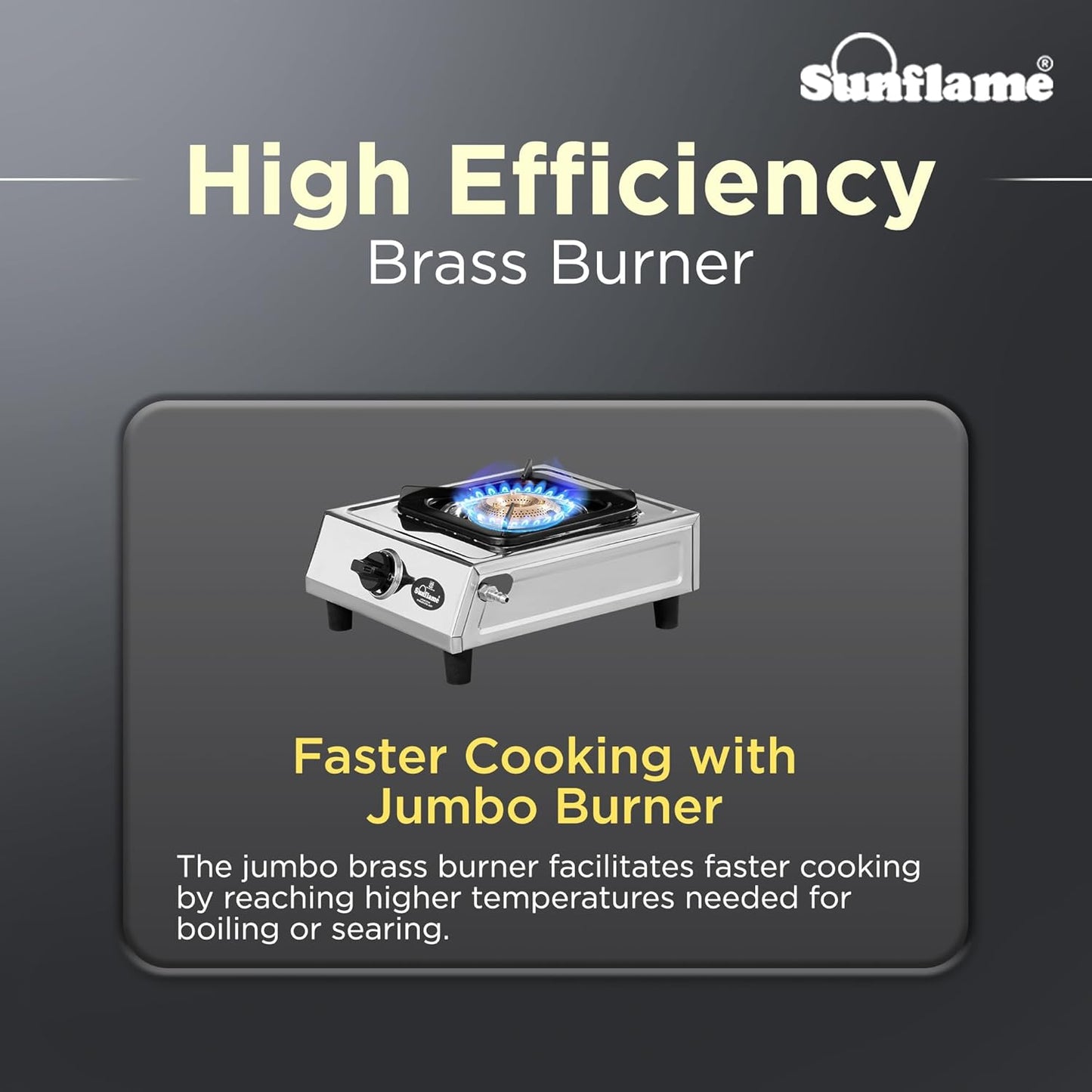 One Burner Glass Top Gas Stove | Jumbo Burner | Heavy Duty Pan Support| Silver