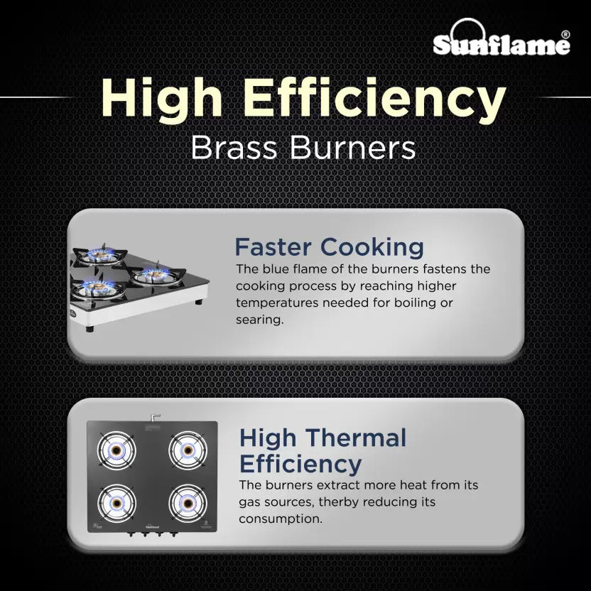 Diamond 4 Burner Gas Stove | 2 Medium and 2 Small Brass Burners |Toughened Glass Top | Steel