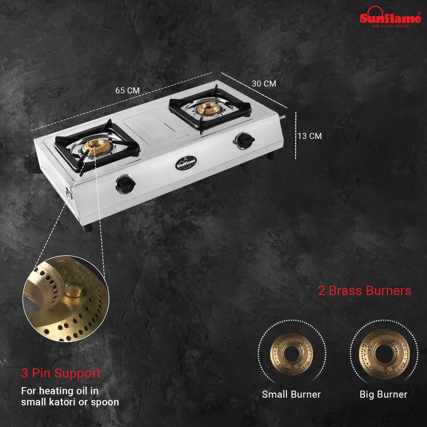 Excel 2 Burner Gas Stove | 1 Medium and 1 Small Brass Burners | Stainless Steel