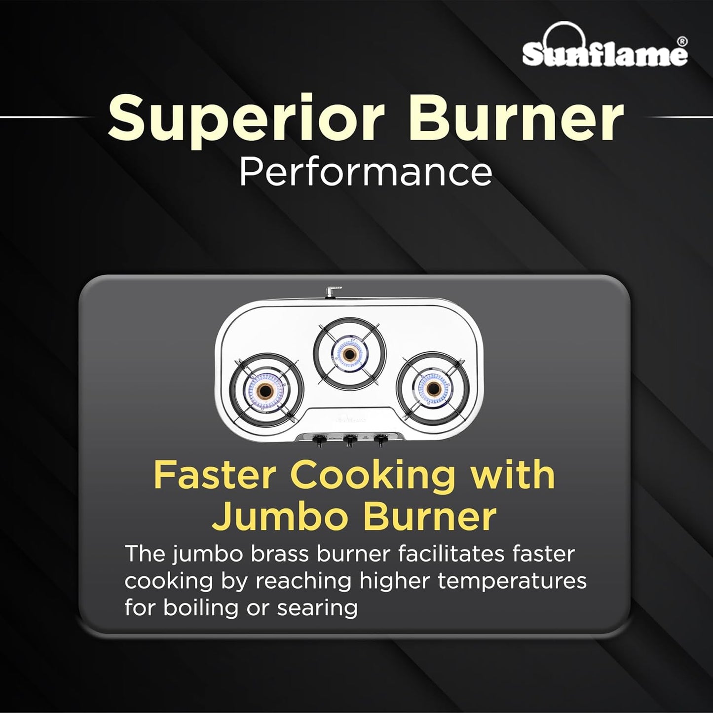 Optra 3 Burner Gas Stove | 1 Medium and 2 Small Brass Burners |Toughened Glass Top |Steel
