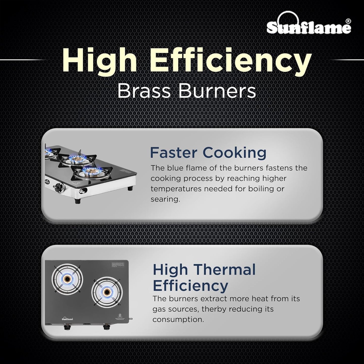 Diamond 3 Burner Gas Stove | 1 Medium and 2 Small Brass Burners |Toughened Glass Top |Steel