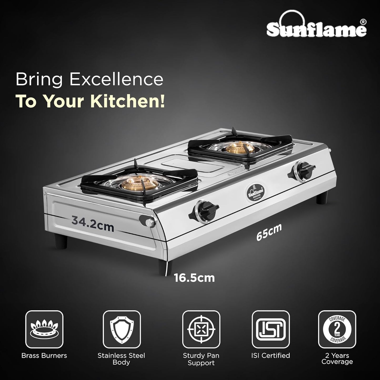 Excel 2 Burner Gas Stove | 1 Medium and 1 Small Brass Burners | Stainless Steel