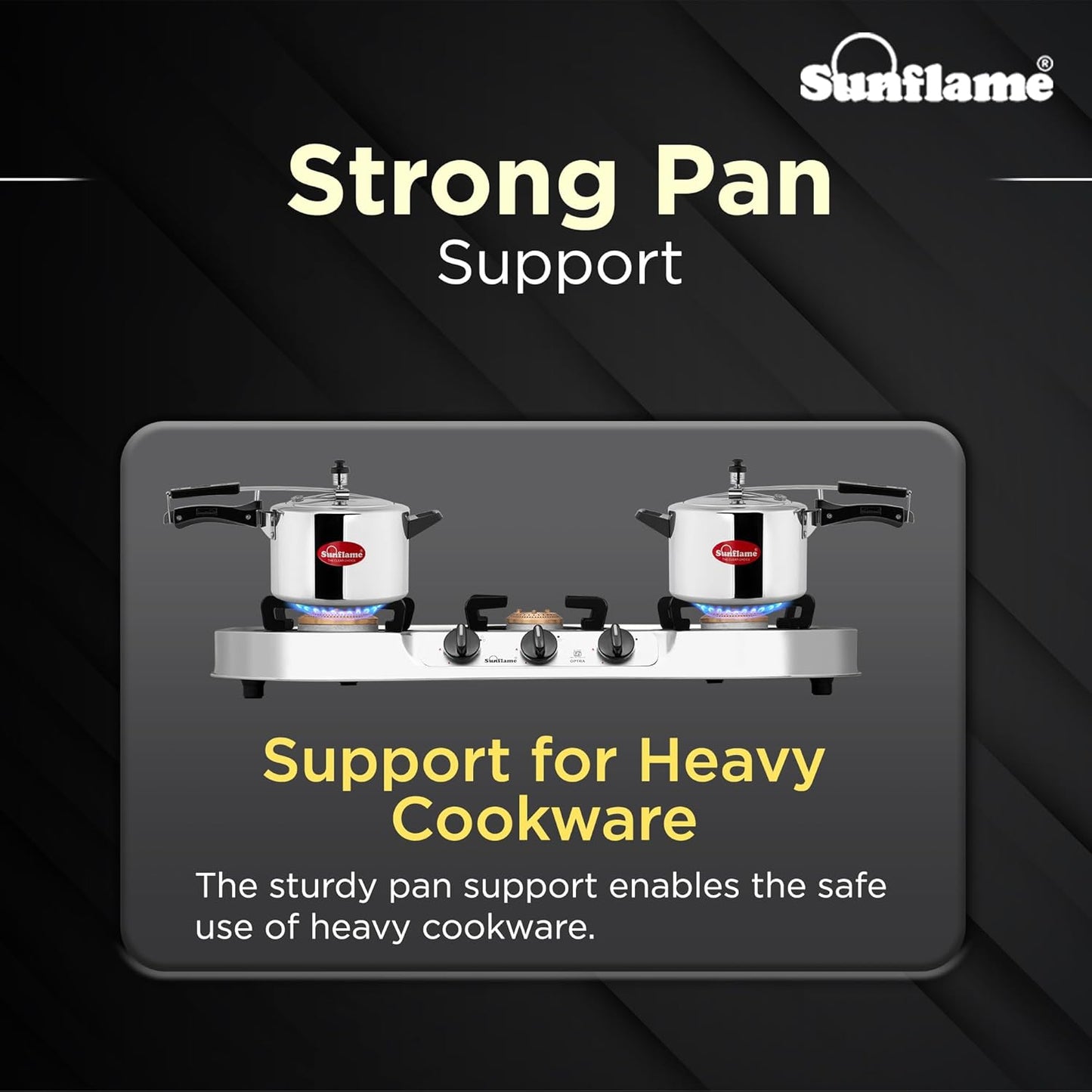 Optra 3 Burner Gas Stove | 1 Medium and 2 Small Brass Burners |Toughened Glass Top |Steel