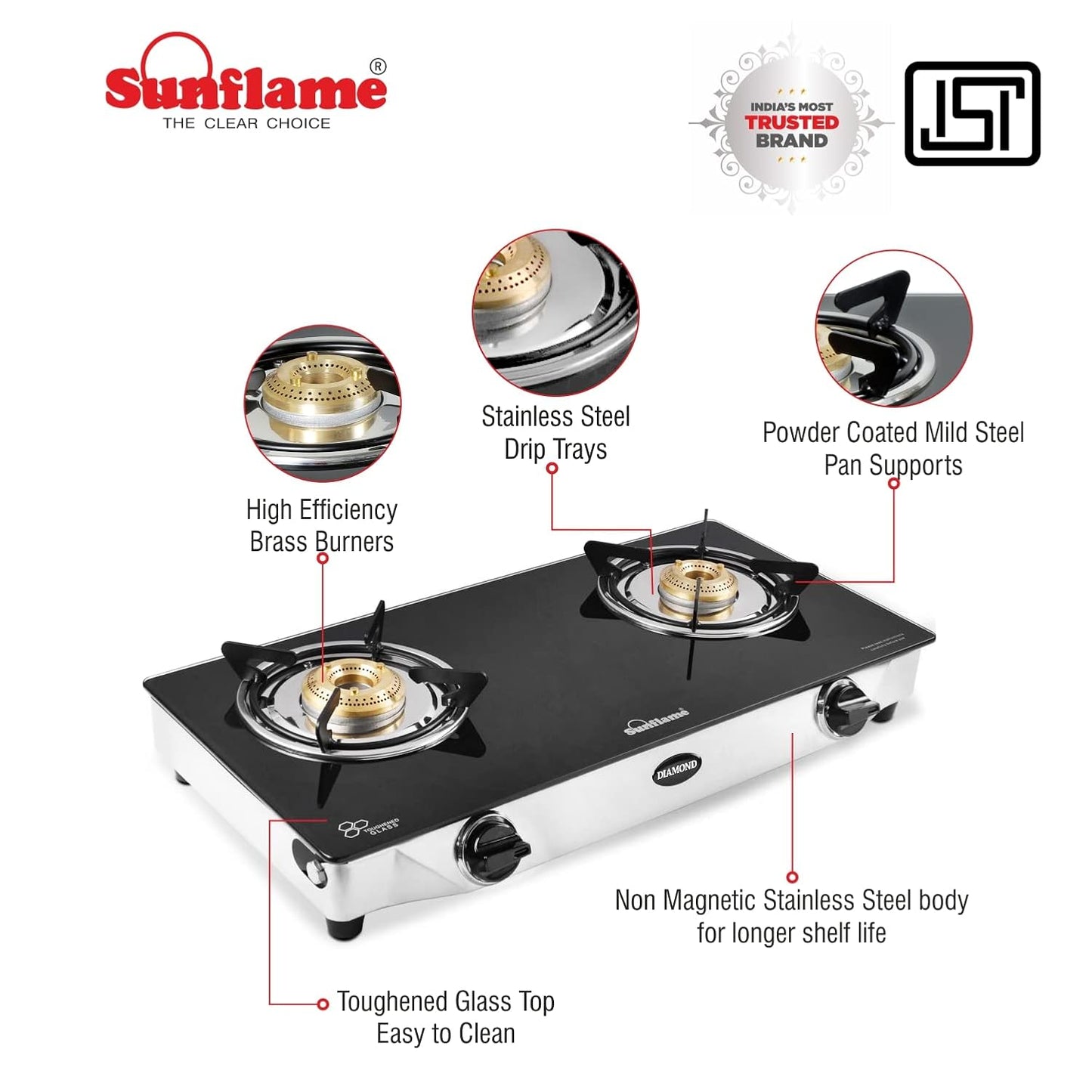 Diamond 2 Burner Gas Stove | 1 Medium and 1 Small Brass Burners |Toughened Glass Top | Steel