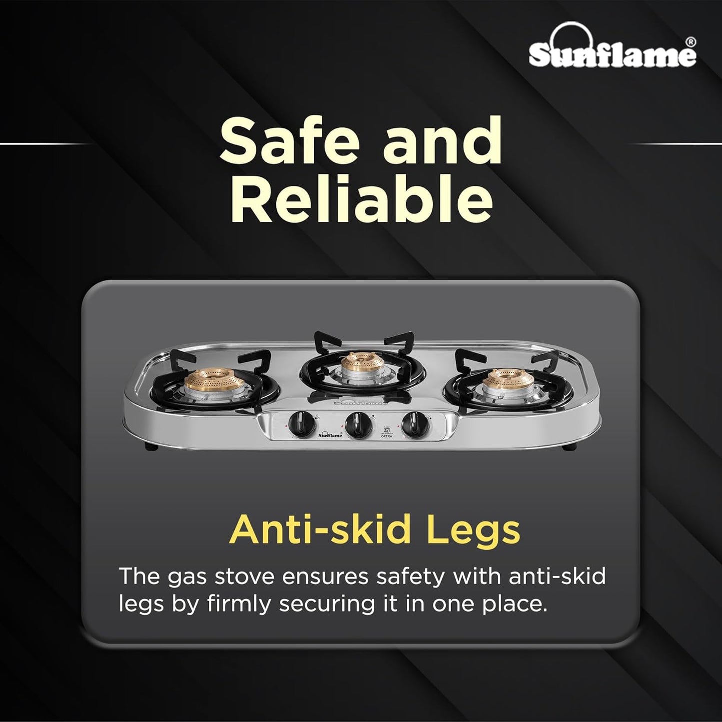 Optra 3 Burner Gas Stove | 1 Medium and 2 Small Brass Burners |Toughened Glass Top |Steel