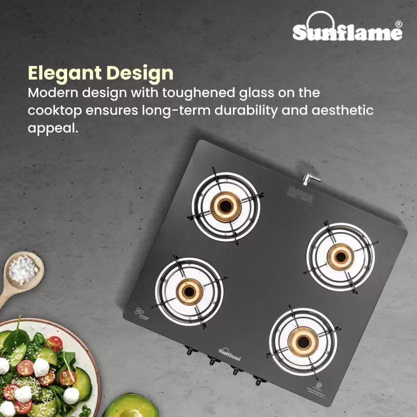 Diamond 4 Burner Gas Stove | 2 Medium and 2 Small Brass Burners |Toughened Glass Top | Steel