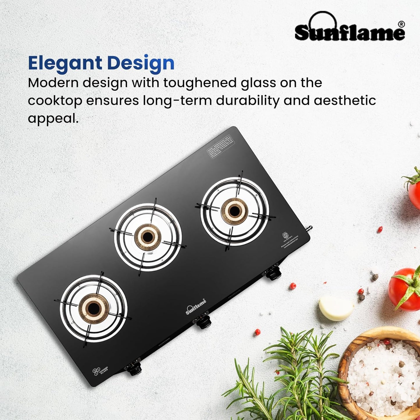 Diamond 3 Burner Gas Stove | 1 Medium and 2 Small Brass Burners |Toughened Glass Top |Black