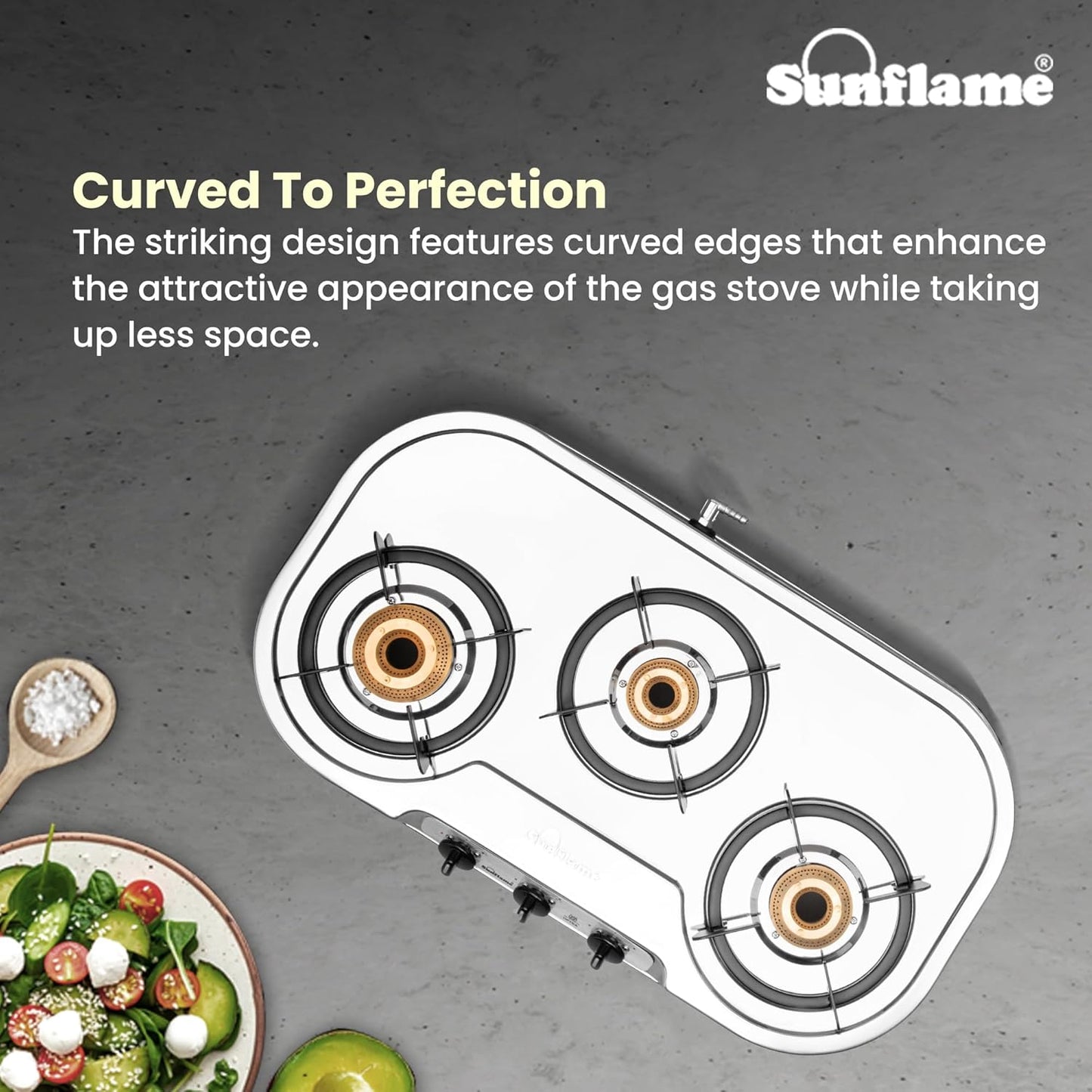 Optra 3 Burner Gas Stove | 1 Medium and 2 Small Brass Burners |Toughened Glass Top |Steel