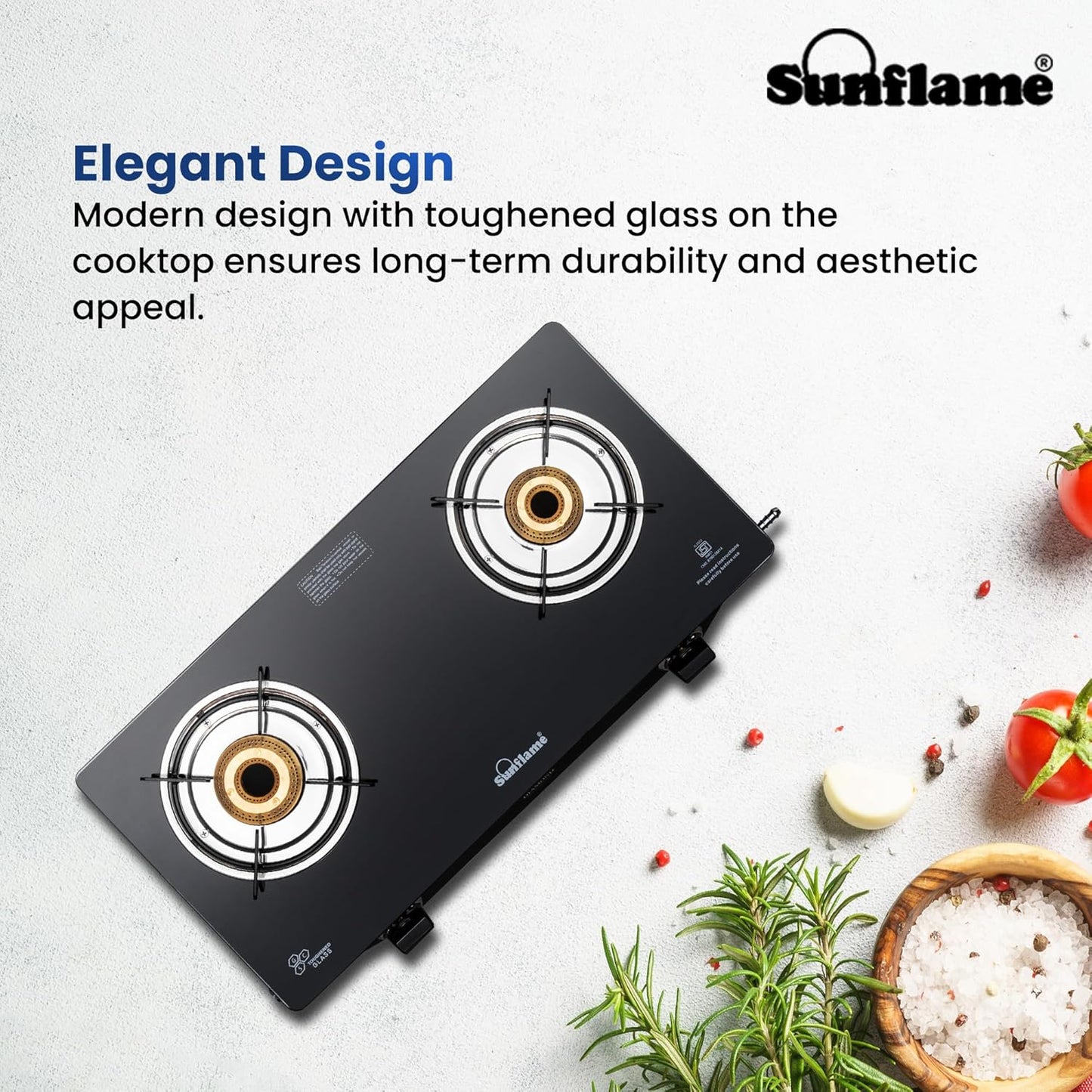 Diamond 2 Burner Gas Stove | 1 Medium and 1 Small Brass Burners |Toughened Glass Top | Black
