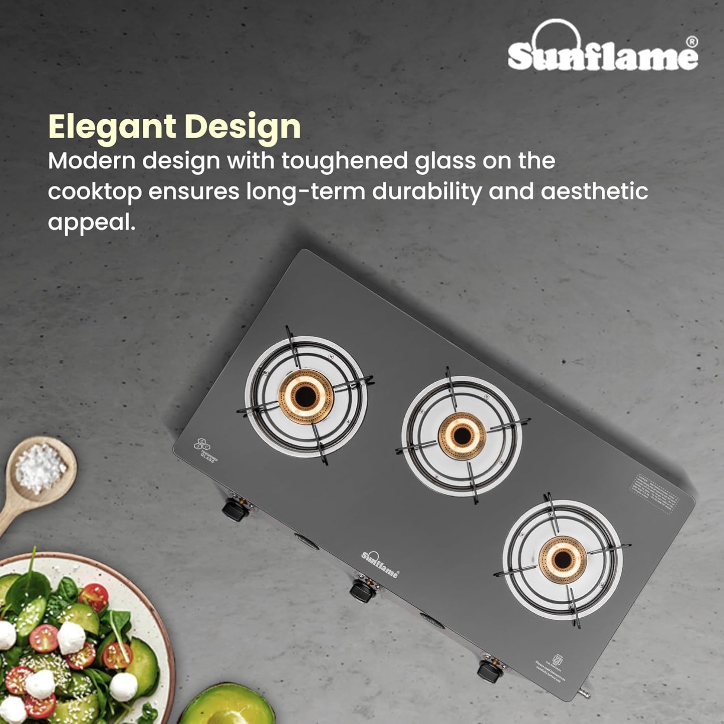 Diamond 3 Burner Gas Stove | 1 Medium and 2 Small Brass Burners |Toughened Glass Top |Steel