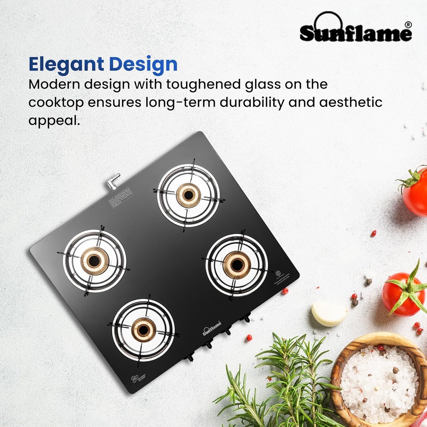 Diamond 4 Burner Gas Stove | 2 Medium and 2 Small Brass Burners |Toughened Glass Top | Black