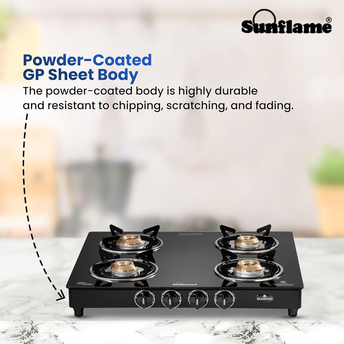 Diamond 4 Burner Gas Stove | 2 Medium and 2 Small Brass Burners |Toughened Glass Top | Black
