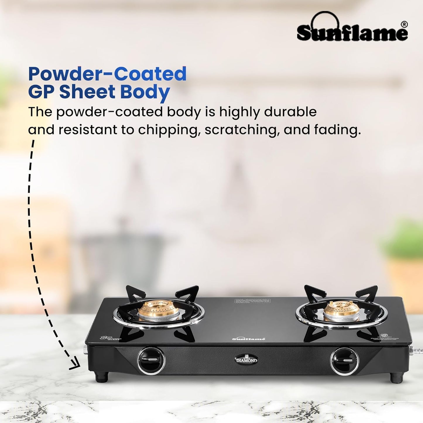Diamond 2 Burner Gas Stove | 1 Medium and 1 Small Brass Burners |Toughened Glass Top | Black