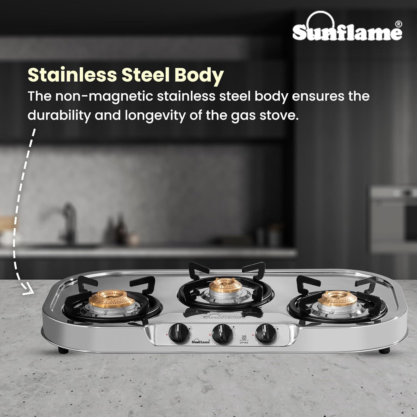 Optra 3 Burner Gas Stove | 1 Medium and 2 Small Brass Burners |Toughened Glass Top |Steel