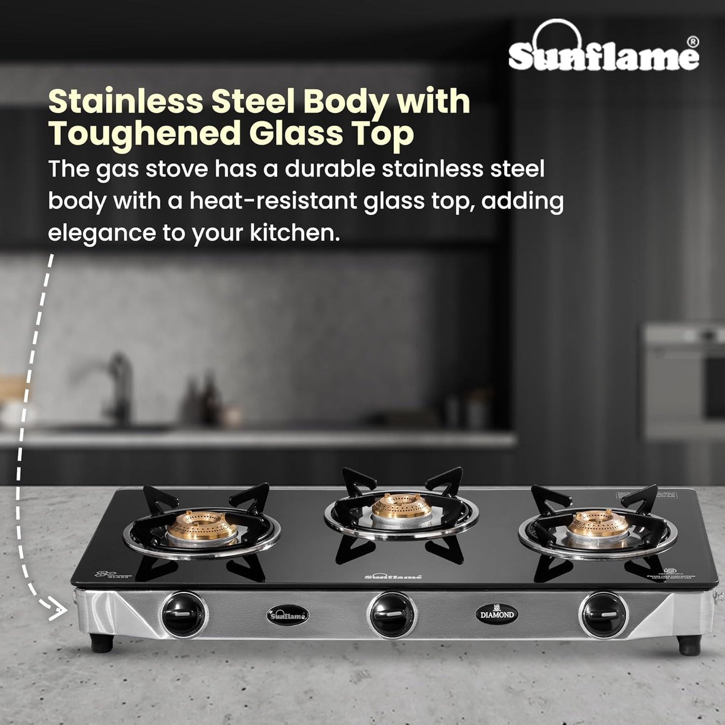 Diamond 3 Burner Gas Stove | 1 Medium and 2 Small Brass Burners |Toughened Glass Top |Steel