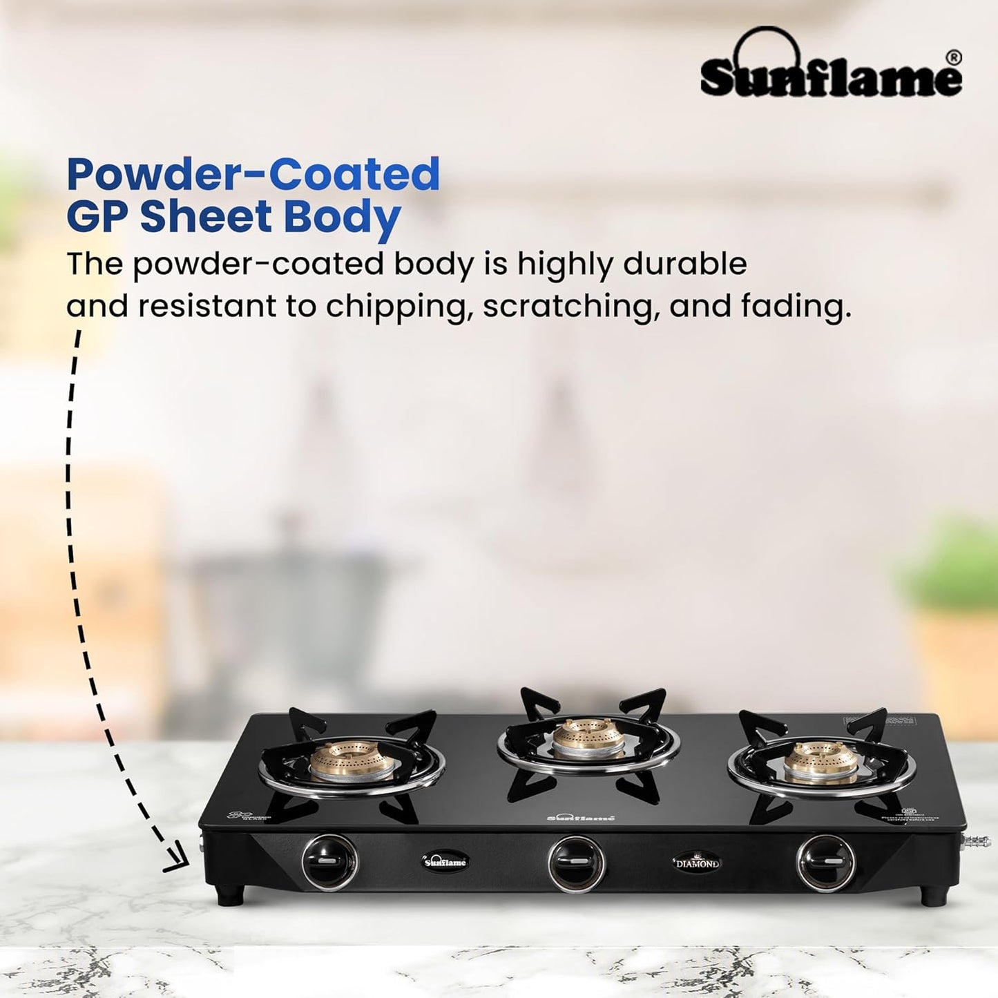 Diamond 3 Burner Gas Stove | 1 Medium and 2 Small Brass Burners |Toughened Glass Top |Black