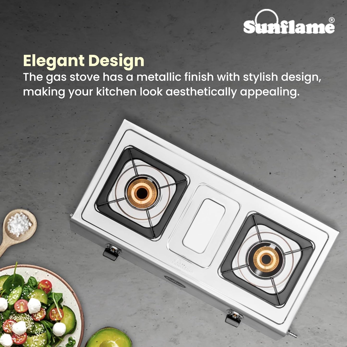 Excel 2 Burner Gas Stove | 1 Medium and 1 Small Brass Burners | Stainless Steel