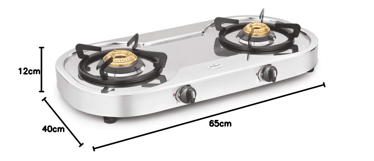 Optra 2 Burner Gas Stove | 1 Medium and 1 Small Brass Burners |Toughened Glass Top | Steel