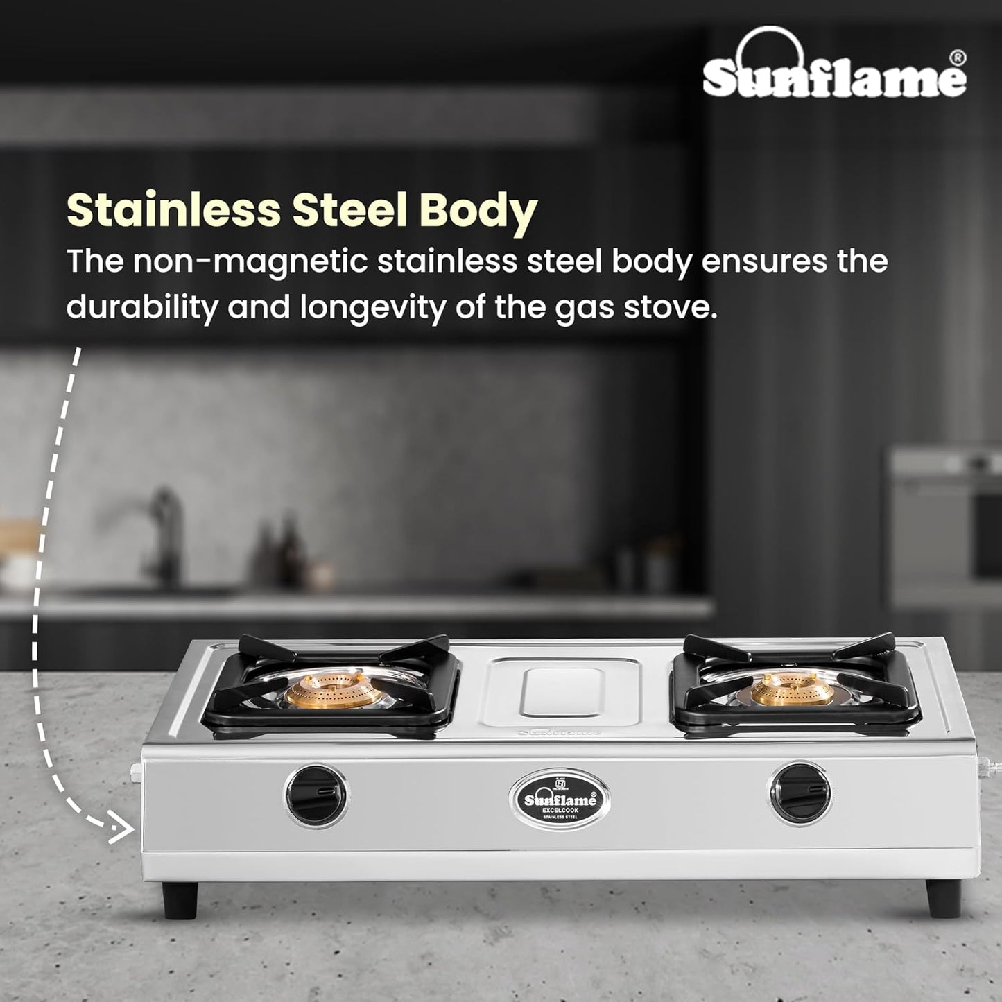Excel 2 Burner Gas Stove | 1 Medium and 1 Small Brass Burners | Stainless Steel