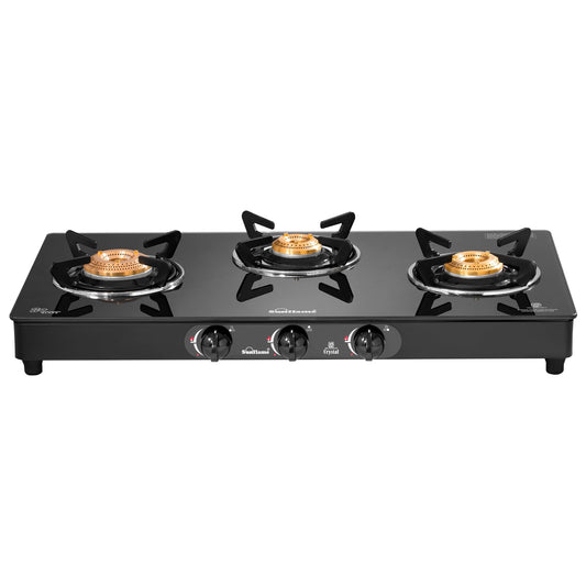 Crystal 3 Burner Gas Stove | 1 Medium and 2 Small Brass Burners |Toughened Glass Top | Black