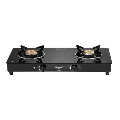 Crystal 2 Burner Gas Stove | Auto Ignition| 1 Medium and 1 Small Brass Burners |Toughened Glass Top | Blac