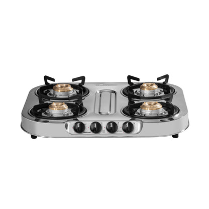 Optra 4 Burner Gas Stove | 2 Medium and 2 Small Brass Burners | Stainless Steel