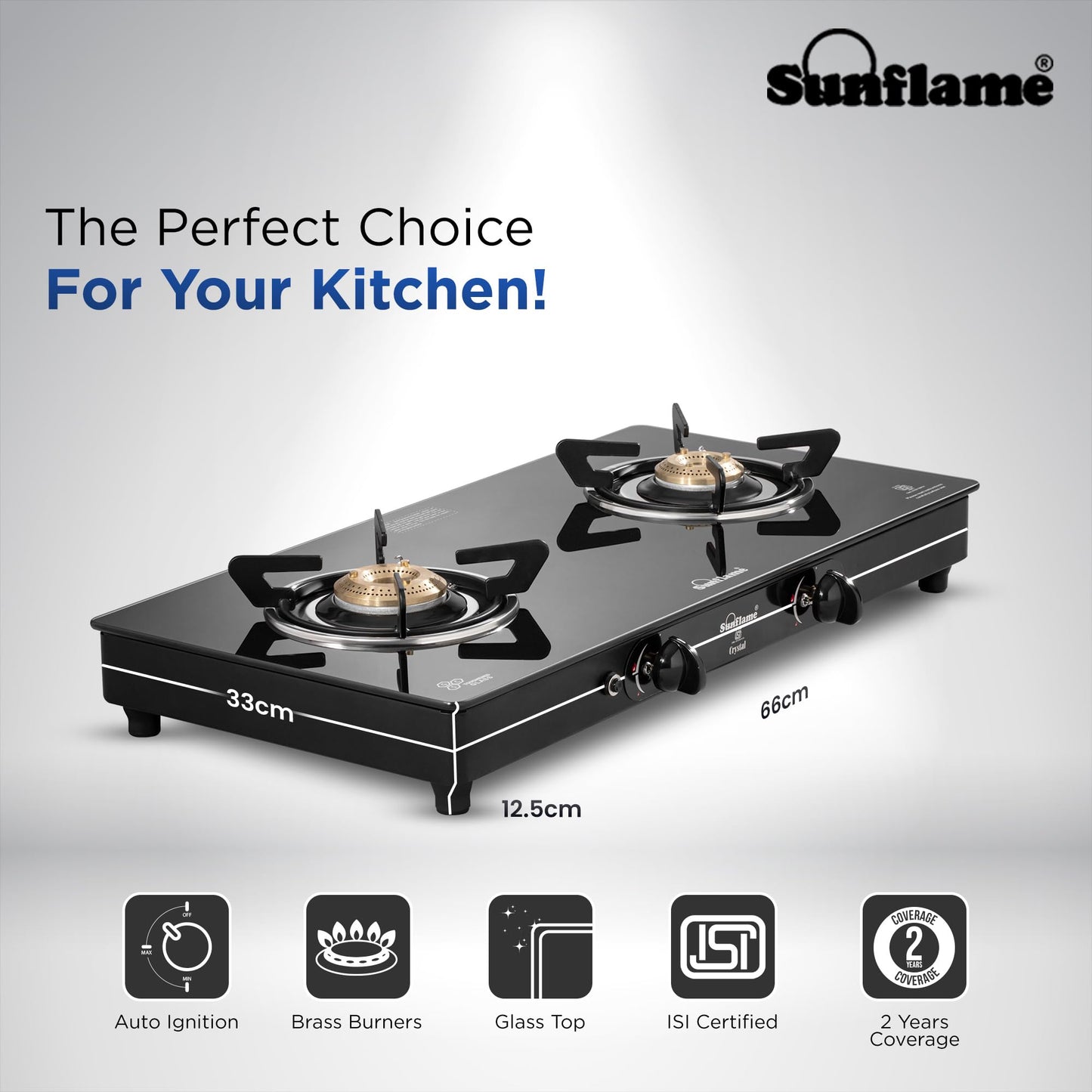 Crystal 2 Burner Gas Stove | Auto Ignition| 1 Medium and 1 Small Brass Burners |Toughened Glass Top | Blac