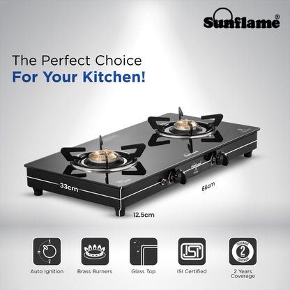 Crystal 2 Burner Gas Stove | Auto Ignition| 1 Medium and 1 Small Brass Burners |Toughened Glass Top | Blac