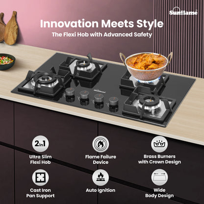 4 Burner Built-In & Countertop Flexi Hob 76 cm Wide | Flame Failure Detection