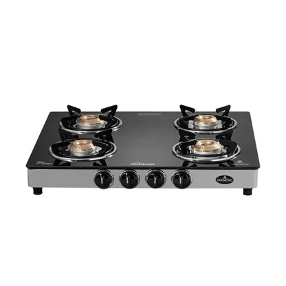 Diamond 4 Burner Gas Stove | 2 Medium and 2 Small Brass Burners |Toughened Glass Top | Steel
