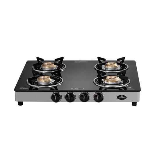 Diamond 4 Burner Gas Stove | 2 Medium and 2 Small Brass Burners |Toughened Glass Top | Steel