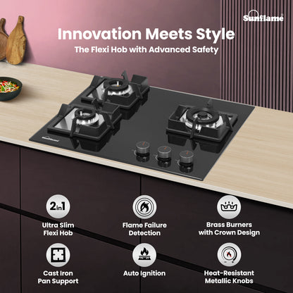 3 Burner Built-In & Countertop Flexi Hob 60 cm Wide |  Flame Failure Device