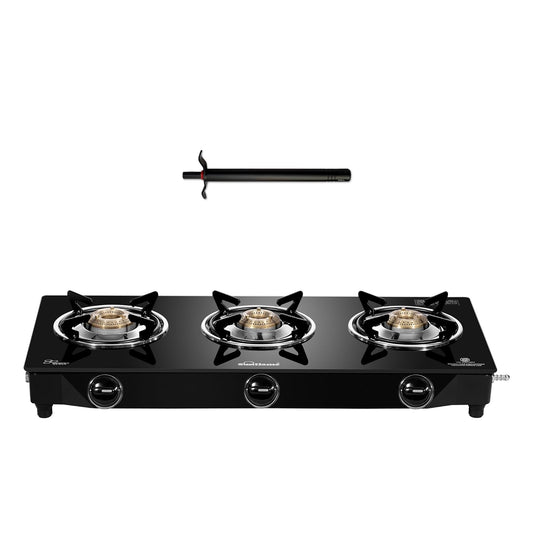 Sunflame Maleo 3 Burner Gas Stove | 1 Medium & 2 Small Brass Burners | 2 Year Product Coverage