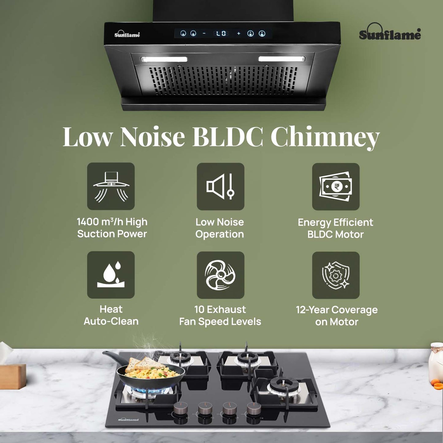 SF-AS60 | 60 cm BLDC Chimney | 1400 m³/hr suction | Low Noise Operation | Heat Auto Clean