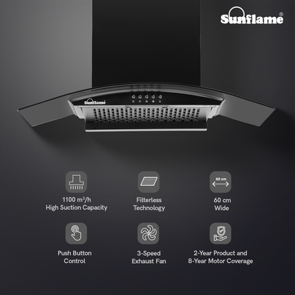 Sunflame Naples 60 cm Filterless Chimney | 1100 m³/h High Suction Capacity | 2-Year Product and 8-Year Motor Coverage by Sunflame | Push Button Control | 3-Speed Exhaust Fan | Dual LED Lights