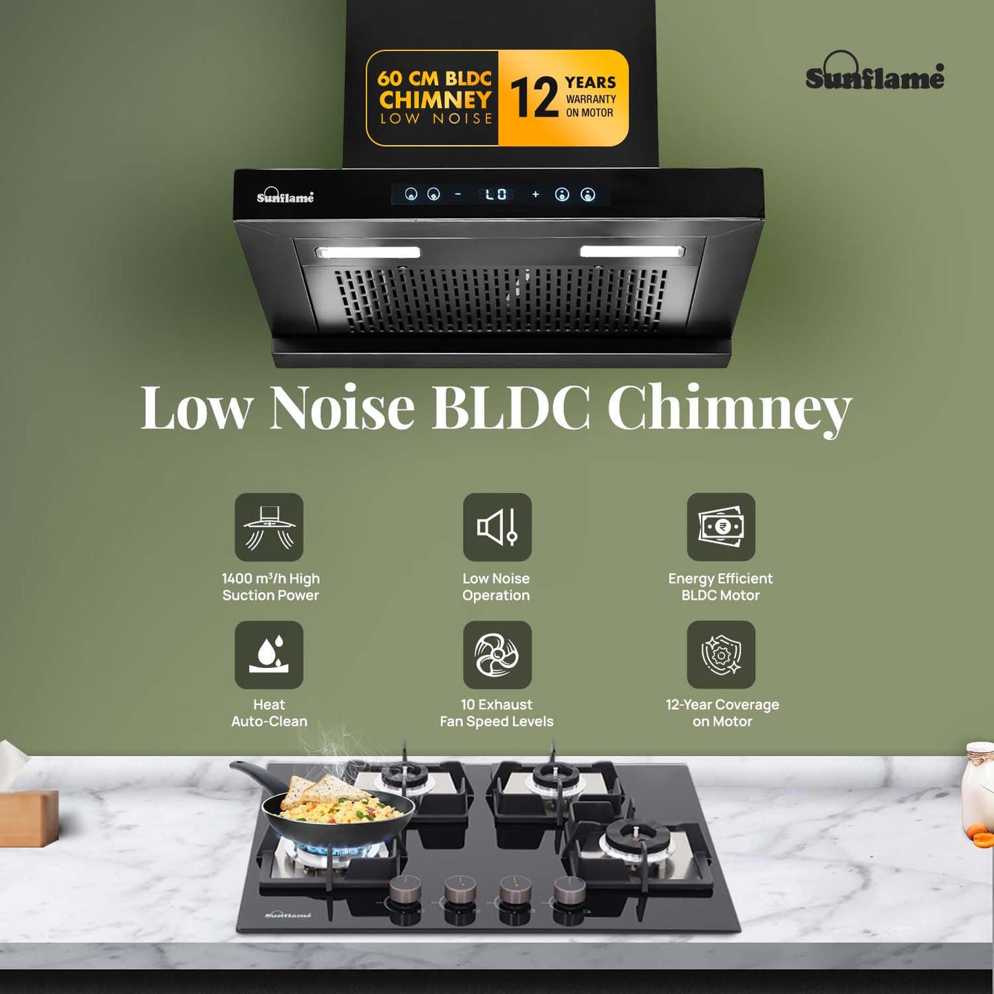 SF-AS60 | 60 cm BLDC Chimney | 1405 m³/hr suction | Low Noise Operation | Heat Auto Clean