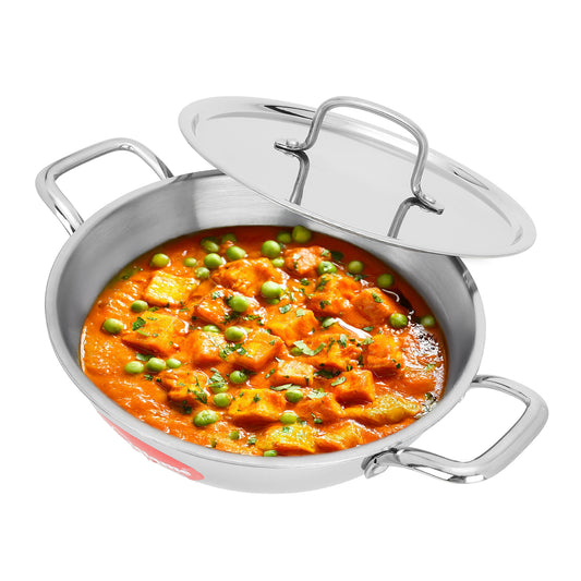 Triply Kadhai with Stainless Steel Lid | 22 cm Diameter | Induction and Gas Stove Compatible