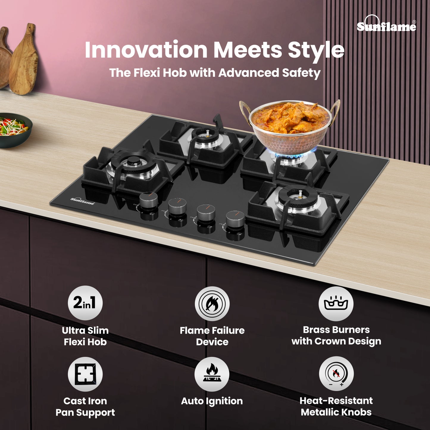 4 Burner Built-In & Countertop Flexi Hob 65 cm Wide | Flame Failure Device