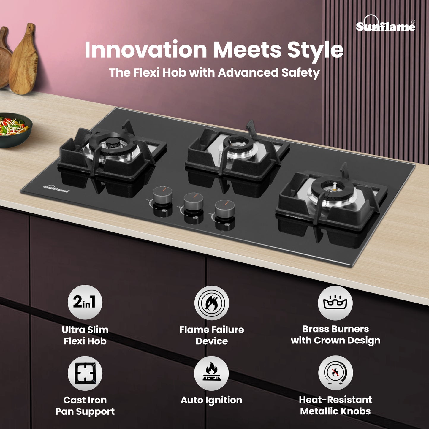 3 Burner Built-In & Countertop Flexi Hob 76 cm Wide |  Flame Failure Device