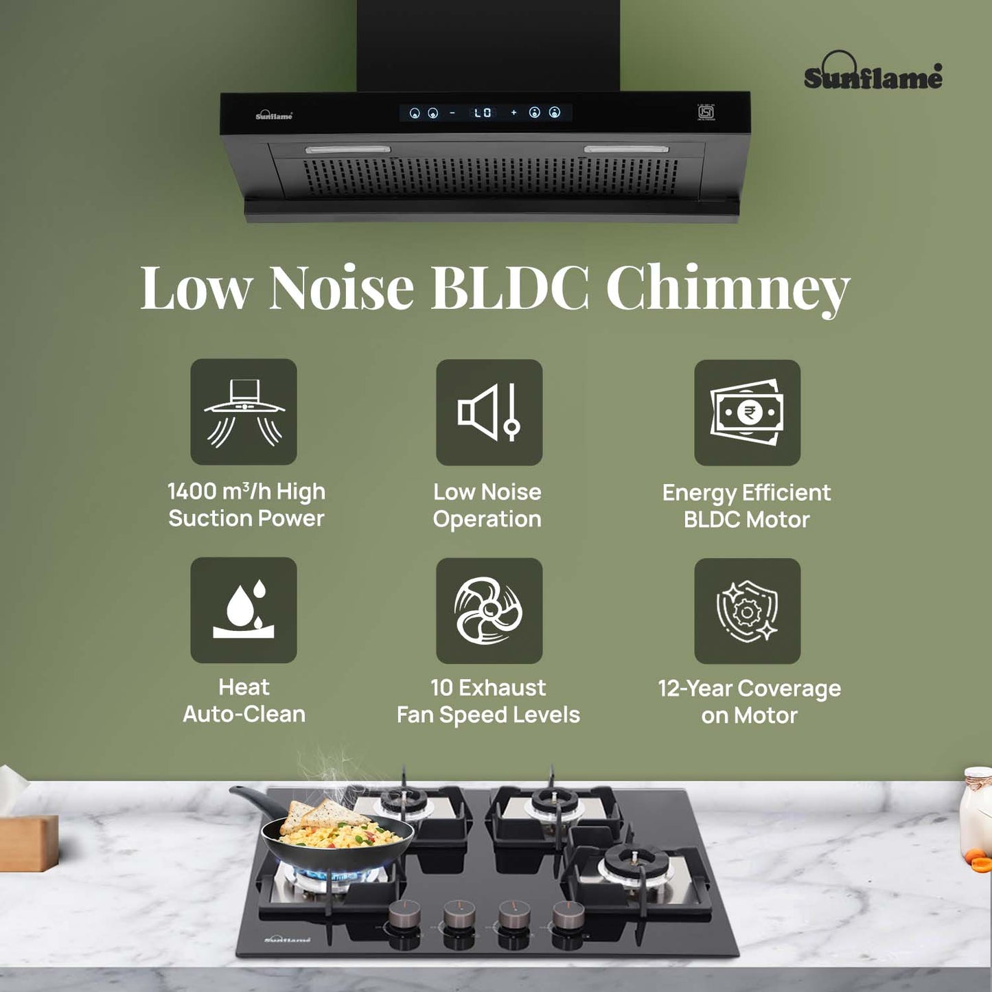 SF-AS75 | 75 cm BLDC Chimney | 1400 m³/hr suction | Low Noise Operation | Heat Auto Clean