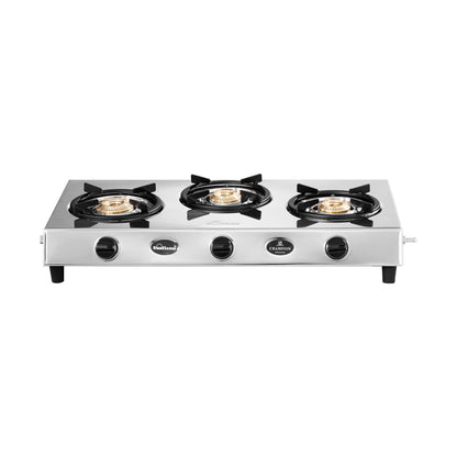 Champion 3 Burner Gas Stove | 1 Medium and 2 Small Brass Burners | Stainless Steel