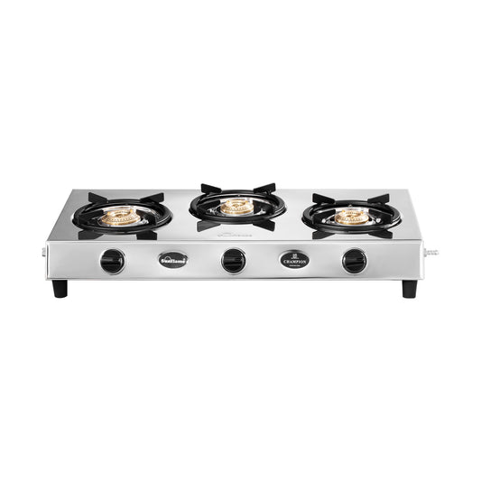 Champion 3 Burner Gas Stove | 1 Medium and 2 Small Brass Burners | Stainless Steel