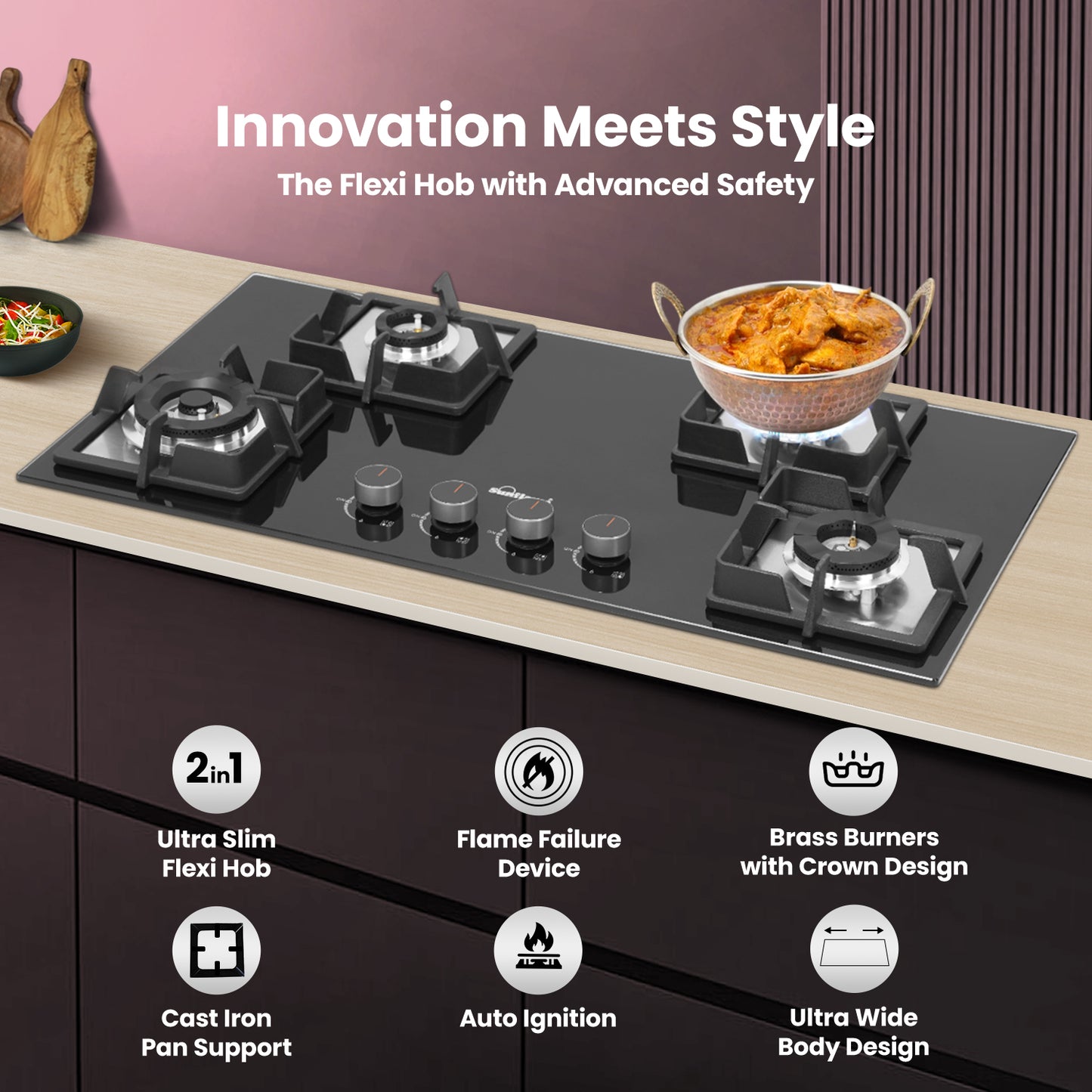 4 Burner Built-In & Countertop Flexi Hob 80 cm Wide |  Flame Failure Device