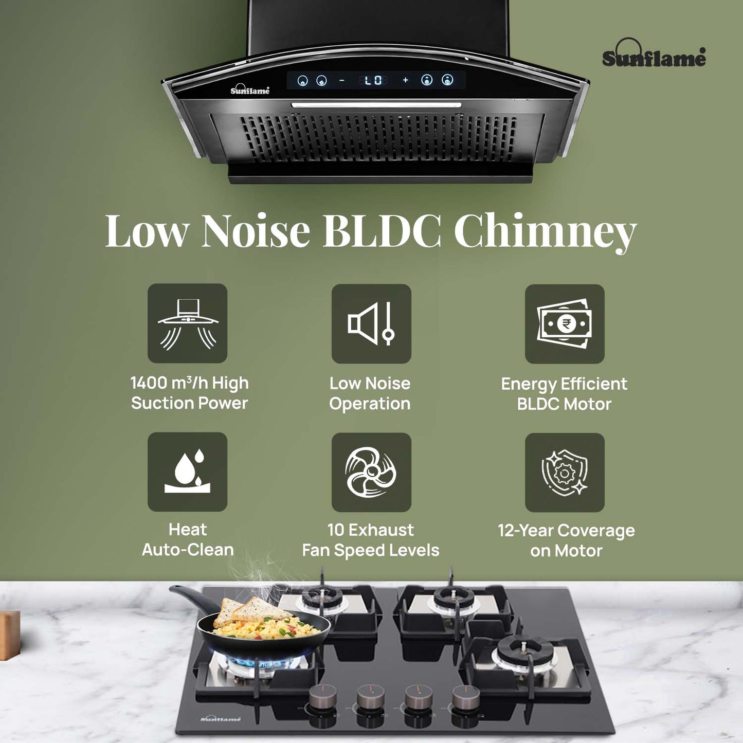 SF-RE60 | 60 cm BLDC Chimney | 1400 m³/hr suction | Low Noise Operation | Heat Auto Clean