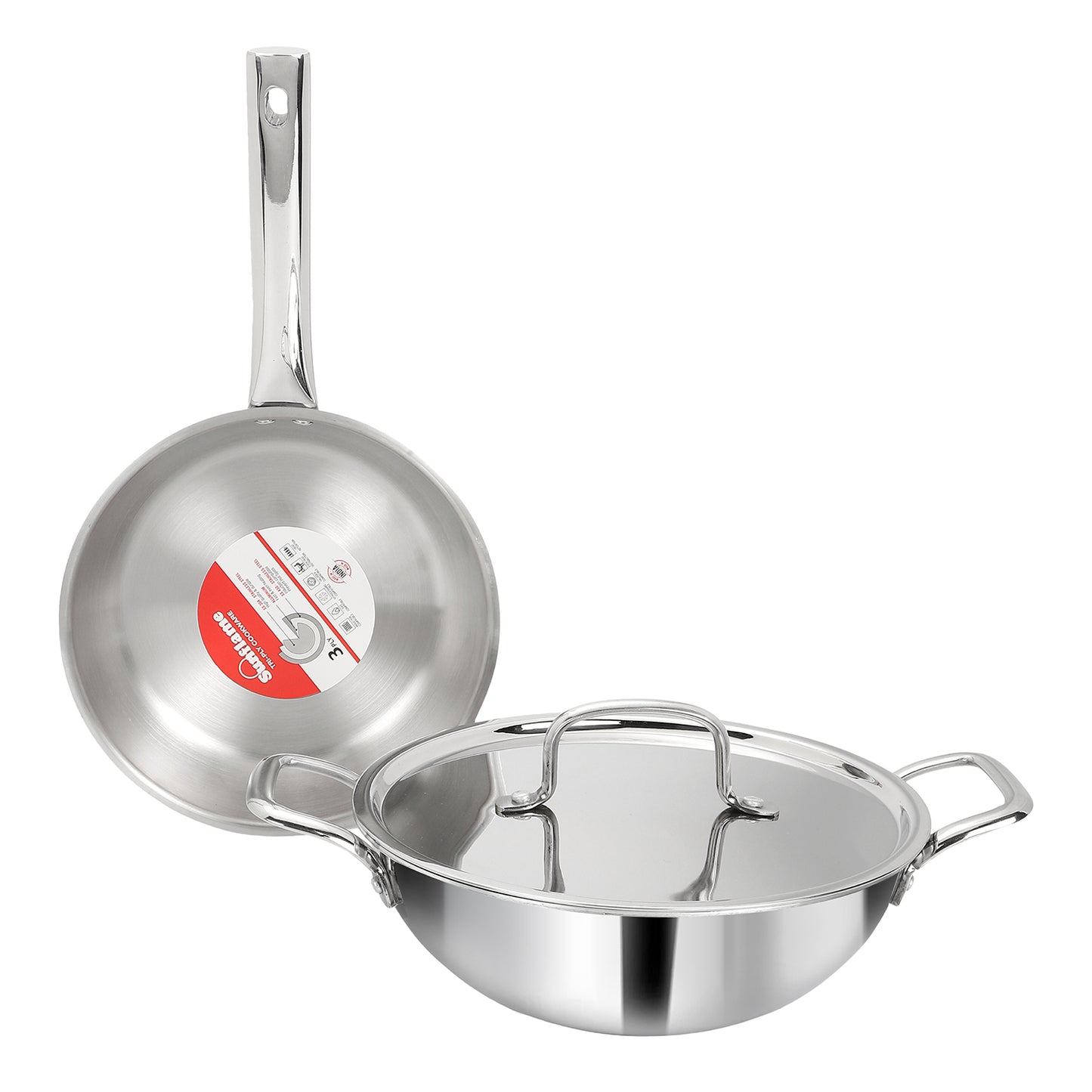 Triply Cookware 3 Pcs  Combo | Kadhai 22 cm, Fry Pan 22 cm, Stainless Steel Lid | Induction and Gas Stove Compatible