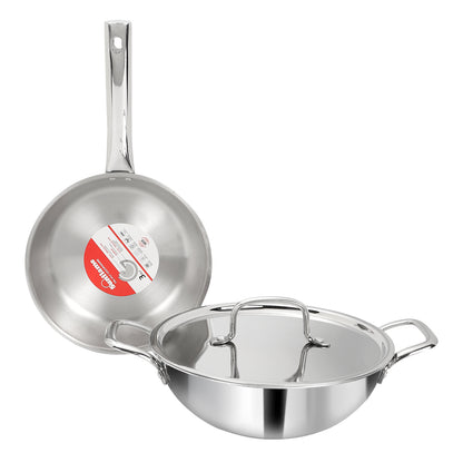 Triply Cookware 3 Pcs  Combo | Kadhai 22 cm, Fry Pan 22 cm, Stainless Steel Lid | Induction and Gas Stove Compatible