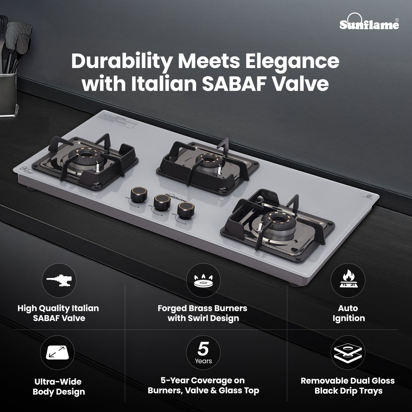 Ultra-Slim Grey 3 Burner Countertop Hob 80 cm Wide | Italian SABAF Valve