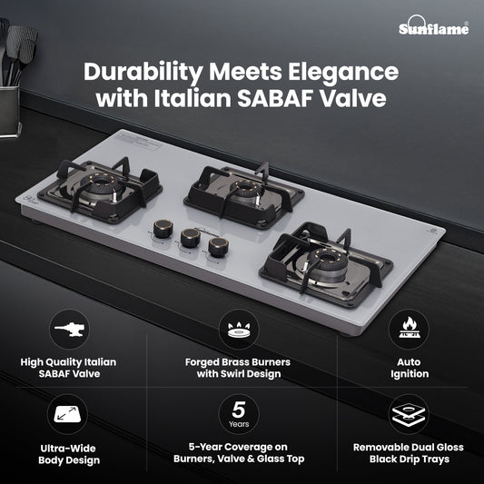 Ultra-Slim Grey 3 Burner Countertop Hob 80 cm Wide | Italian SABAF Valve